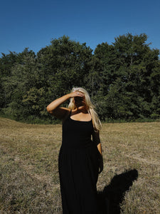 Black Stretch Linen Midi Dress