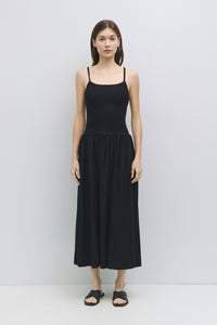 Black Stretch Linen Midi Dress