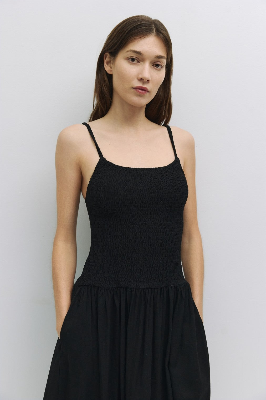 Black Stretch Linen Midi Dress