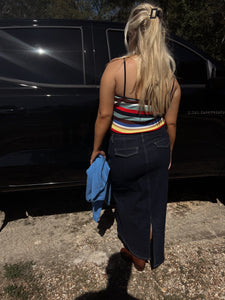 High Rise Denim Maxi Skirt