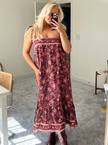 Wine Floral Midi Dress