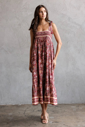 Wine Floral Midi Dress