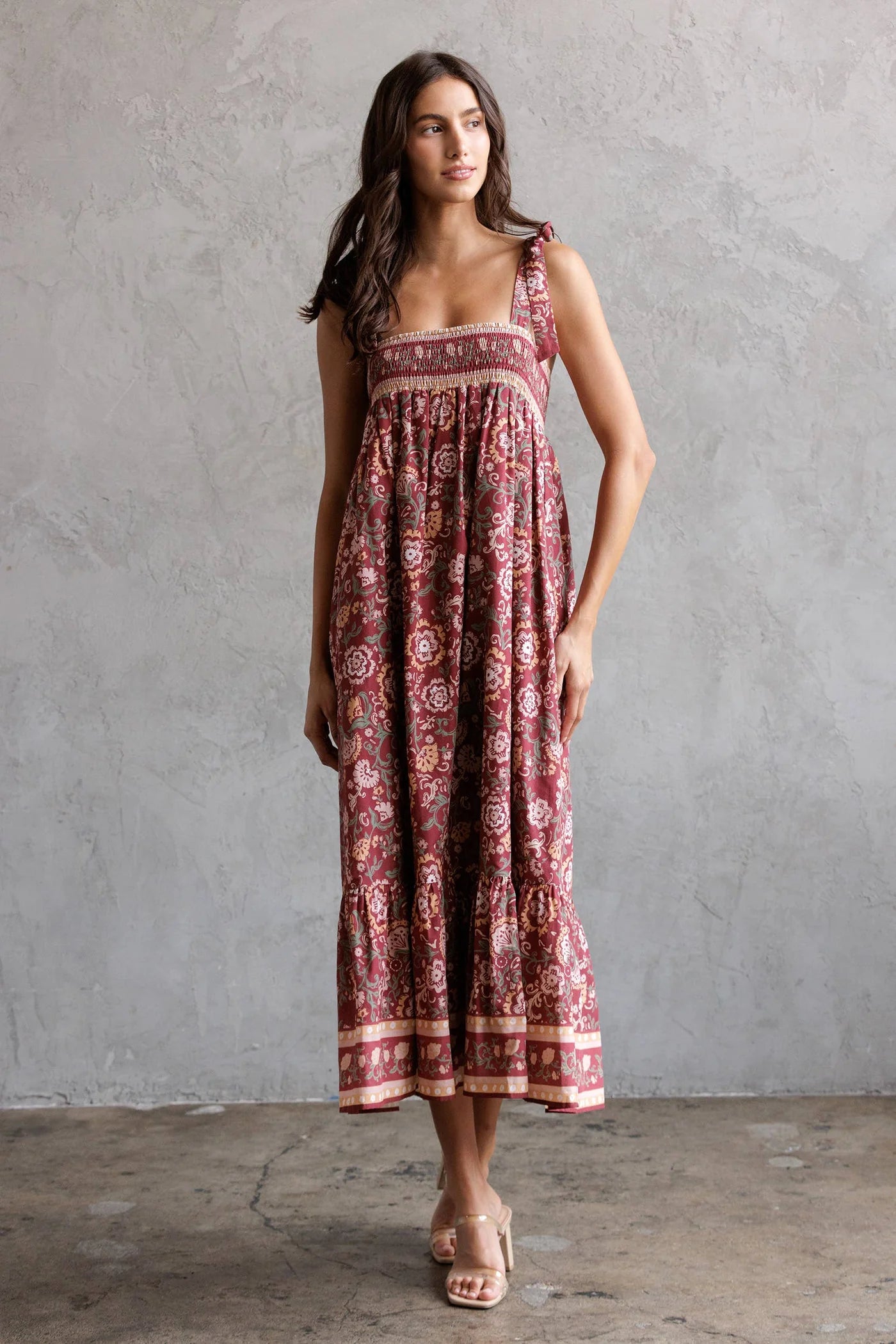 Wine Floral Midi Dress