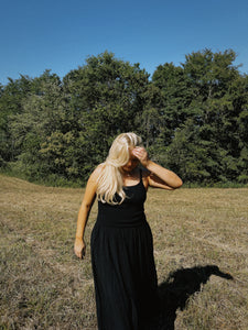 Black Stretch Linen Midi Dress