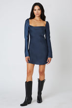 Load image into Gallery viewer, Navy Satin Long Sleeve Mini Dress
