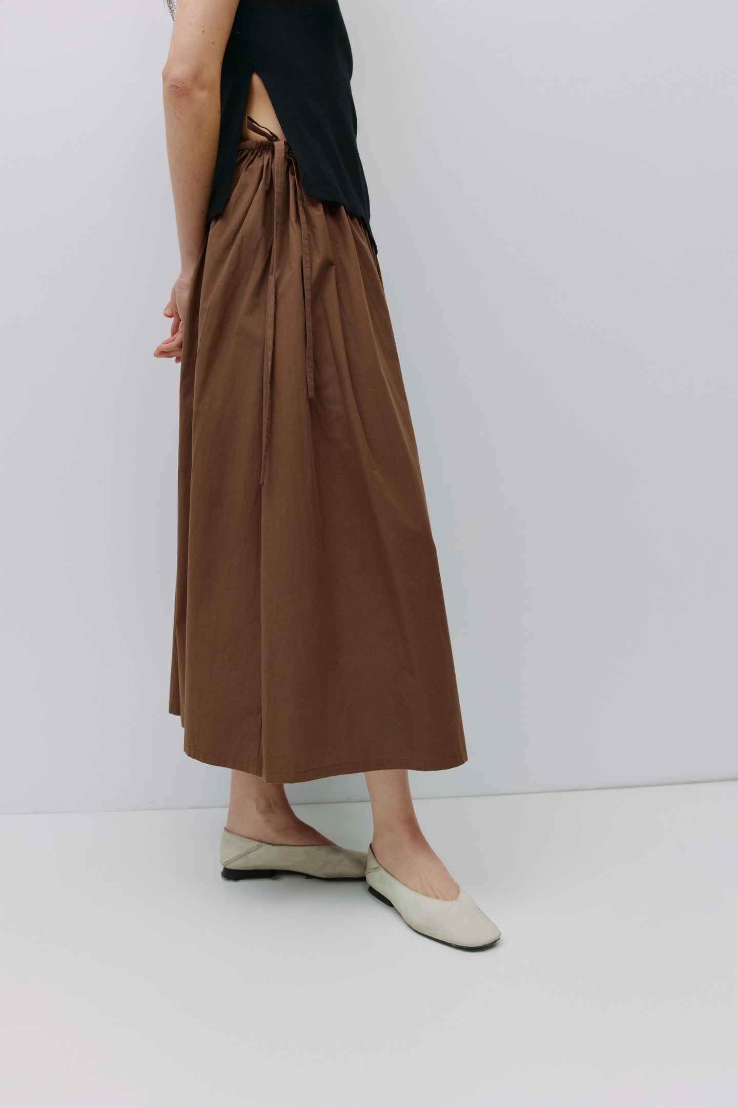 Brown Adjustable Waist Midi Skirt